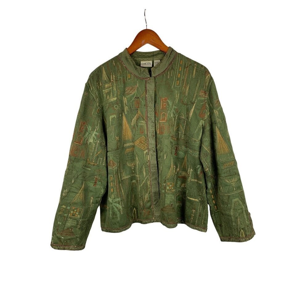 Chicos Green Embroidered Jacket Size 3